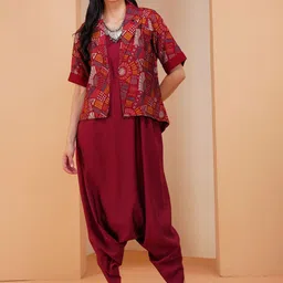 Stitchinc Women Achkan Nirvaana Red - XS Shoulder Straps Culotte Jumpsuit With Jacket-image-6