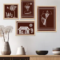 ArtVibes Brown & Beige 4 Pieces Printed Wooden Paintings Wall Art image 1