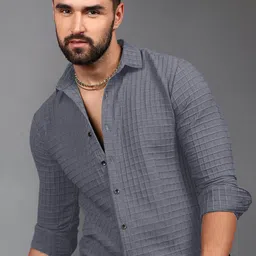 Metronaut Textured Spread Collar Casual Shirt-image-63