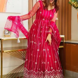 LADY SHOPI Women Embroidered Net Fit & Flare Maxi Dress With Dupatta-picture-25