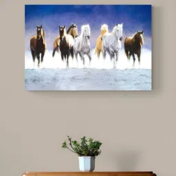 Tushaco Handicrafts Blue & White Seven Horse Printed Canvas Wall Art-image-71