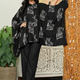 KALINI Women Black Printed Mandarin Collar Viscose Rayon Kaftan Top & Trouser Co-Ord Set-image-51