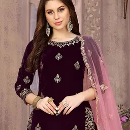 ODETTE Embroidered Velvet Semi-Stitched Dress Material image 3