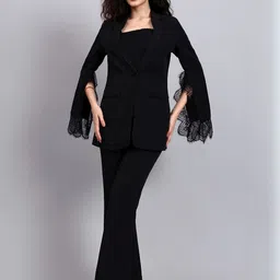 PowerSutra Self-Design Sqaure Neck Lace-Trimmed Blazer With Trouser-picture-24