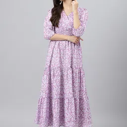 Raiyani Fashion Women Floral Printed V-Neck Tiered Puff Sleeve Maxi Dress-picture-31
