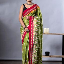 HERE&NOW Green Ethnic Motifs Cotton Block Print Saree-picture-21