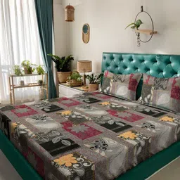 Aura Grey & Red Floral Printed 300 TC King Bedsheet Set 2.5 m x 2.25 m-picture-10