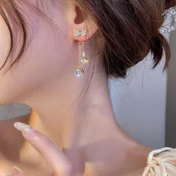 TheVineGirl Contemporary Korean Studded Bow Shiny Tassels Drop Earrings-picture-16