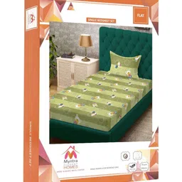 Myntra Elegant Homes Green & White Cartoon Characters 400 TC Single Bedsheet with 1 Pillow Covers image 5