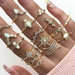 DressBerry Set Of 17 Gold-Plated American Diamond-Studded Floral Plushy Finger Ring-image-68