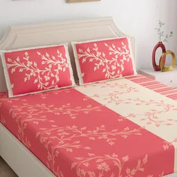 Home Ecstasy Peach-Coloured & Cream-Coloured Floral 144 TC Queen Bedsheet with 2 Pillow Covers-picture-11