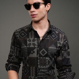 HIGHLANDER Men Slim Fit Spread Collar Geometric Printed Formal Shirt-picture-30