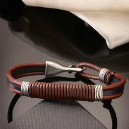 AQUATAN Men Leather Silver-Plated Armlet Bracelet-picture-13