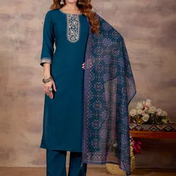 Aumira Women Ethnic Motifs Embroidered Regular Thread Work Pure Cotton Kurta with Trousers & With Dupatta image 3