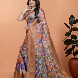 DIVASTRI Floral Printed Zari Banarasi Saree With Blouse Piece image 5
