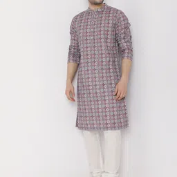 Ethnicity Men Geometric Checked Thread Work Kurta image 3