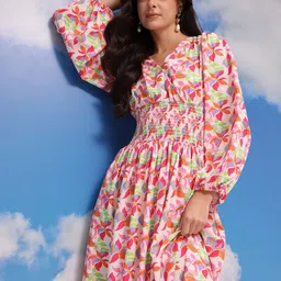 CORSICA Floral Print Smocked Detail Puff Sleeves A-Line Midi Dress-image-3