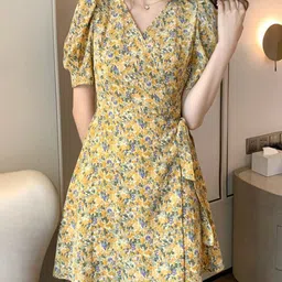 Outzidr Women Yellow Floral Wrap Dress with Puff Sleeves-image-9