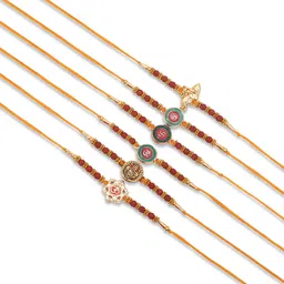 akaar Religious Rakhi (Pack of 6) for Brothers | Roli Chawal | Card Gold Finish Greeting Card, Rakhi, Chawal Roli Pack Set image 2