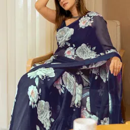 mirchi fashion Printed, Floral Print Daily Wear Chiffon, Georgette Saree image 1