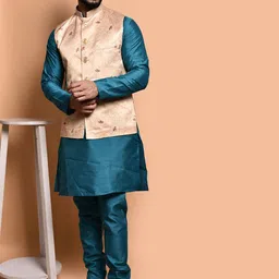 PRINTCULTR Men Regular Pure Silk Kurta with Trousers image 4