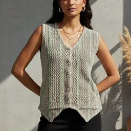 R.Code by The Roadster Life Co. Women Woven Design V-Neck Waistcoat-picture-39