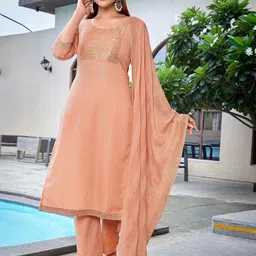 Royal Export Floral Woven Yoke Design Straight Zari Kurta With Trousers & Dupatta image 1