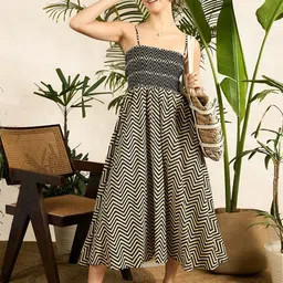 Uptownie Smocked Strappy Cotton Midi Dress-picture-19