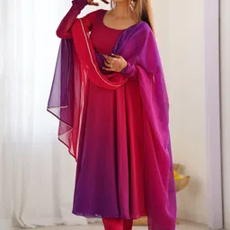 DIVASTRI Dyed Round Neck Anarkali Kurta With Trousers & Dupatta image 2