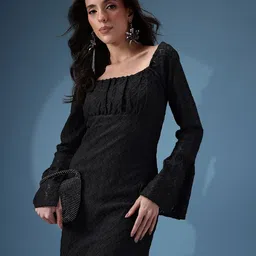 bebe Geometric Self-Design Ruched Effect Bell Sleeves Lace Sheath Dress-picture-48