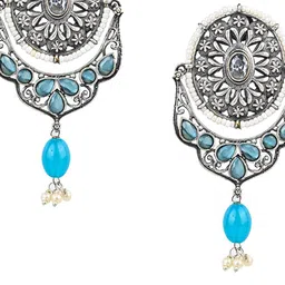 VENI 92.5 Silver Plated Artificial Stones Studded & Beaded Oxidised Circular Drop Earrings image 4