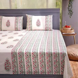 JAYPORE White & Green Floral Printed 120 TC King Bedsheet Set-image-3