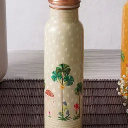 JAYPORE Green & Off White Single Copper Floral Water Bottle image 2