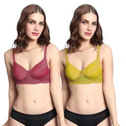 samvar Women Maroon,Yellow Cotton Blend Bra Panty Set for Lingerie Set Undergarments Pack of 2-picture-35