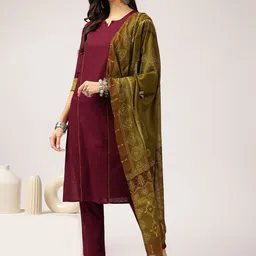Anouk Maroon Notch Neck Pure Cotton Kurta with Trouser and Dupatta image 5