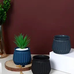 TAYHAA Midnight Elegance Black & Blue 3 Pieces Textured Ribbed Ceramic Flower Planters-picture-36