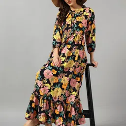 Raiyani Enterprise Printed Tie-Up Neck Tiered Pleated Detail Fit and Flare Maxi Dress-image-85