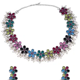 OOMPH Floral Design Oxidised Silver Choker Necklace Set-image-25