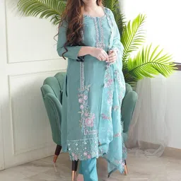 Previah Women Floral Embroidered Regular Thread Work Kurta with Trousers & With Dupatta image 2
