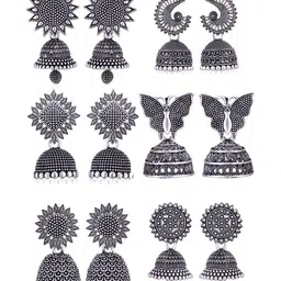 Sangria Set Of 6 Silver Plated Oxidized Jhumka Earrings-picture-39