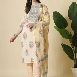 Yufta Floral Printed Sequinned Pure Cotton Kurta With Trousers & Dupatta image 3