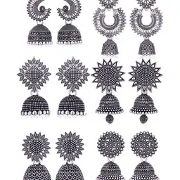 MEENAZ Set Of 6 Silver Plated Oxidised Dome Shaped Jhumkas-image-93