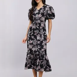 Attire Empire Print Puff Sleeve Crepe Fit & Flare Midi Dress-image-11