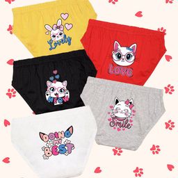NUSYL Girl Pack Of 5 Meow Cat & Lovely Bunny Printed Pure Cotton Basic BriefsNUGCBRFPO5.-picture-35