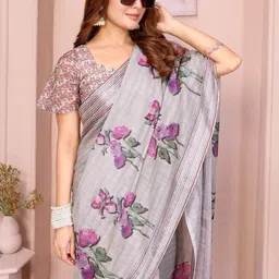S B SONS CREATION Floral Pure Linen Saree image 2