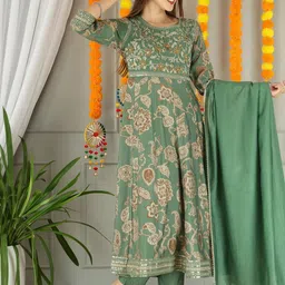 Anouk Women Floral Printed Panelled Thread Work Chanderi Silk Kurta with Trousers & With Dupatta image 4