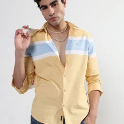 SHOWOFFFF Horizontal Striped Spread Collar Comfort Slim Fit Twill Cotton Casual Shirt-picture-33