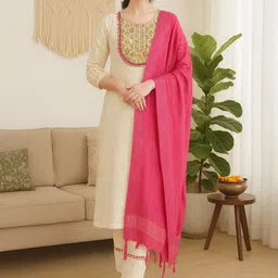 Tulsattva Ethnic Motifs Embroidered Thread Work Pure Cotton Kurta With Trousers & Dupatta-picture-20