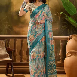 Moda Rapido Floral Zari Linen Blend Handloom Saree-picture-33