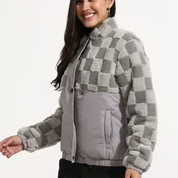 Campus Sutra Fleece Self-Design Checked Padded Jacket image 5